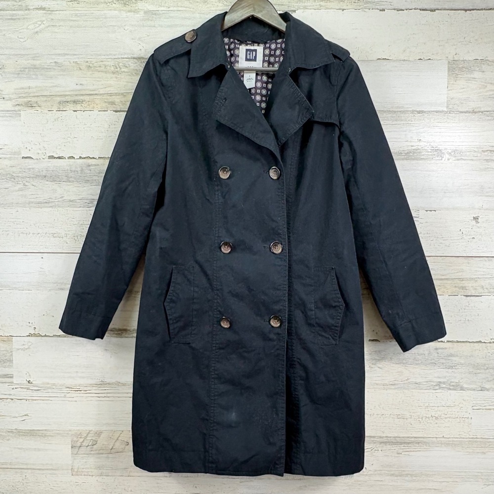 GAP Womens Black Double Breasted Trench Coat Cotton Lined Jacket Size S 571004